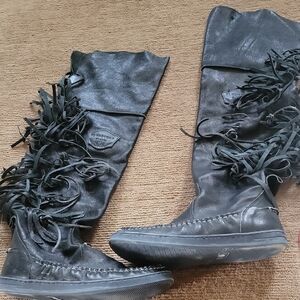 Fringe Over-the-Knee Black Leather Boots